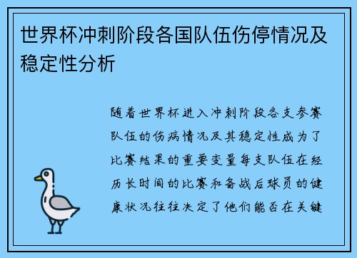 世界杯冲刺阶段各国队伍伤停情况及稳定性分析 世界杯冲刺阶段各国队伍伤停情况及稳定性分析