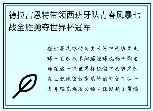 德拉富恩特带领西班牙队青春风暴七战全胜勇夺世界杯冠军 德拉富恩特带领西班牙队青春风暴七战全胜勇夺世界杯冠军