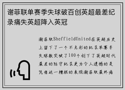 谢菲联单赛季失球破百创英超最差纪录痛失英超降入英冠